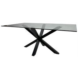 Contemporary glass and metal dining table, rectangular glass top on black finish steel X-framed base