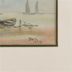 R Livingstone (English School 20th Century): Jockey on Horseback - potentially Lester Piggott, oil on wood panel signed; S Sparke (British 20th century): Roseberry Topping, pair of watercolours signed, one dated '84, and D W S (English School 20th Century): Boats Washed Up on the Beach, pair of watercolours signed with initials and dated '27, max 20cm x 45cm (5)