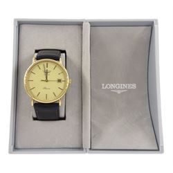 Longines Presence gentleman's gold-plated and stainless steel quartz wristwatch, champagne dial with baton hour markers and date aperture, on black leather strap, boxed