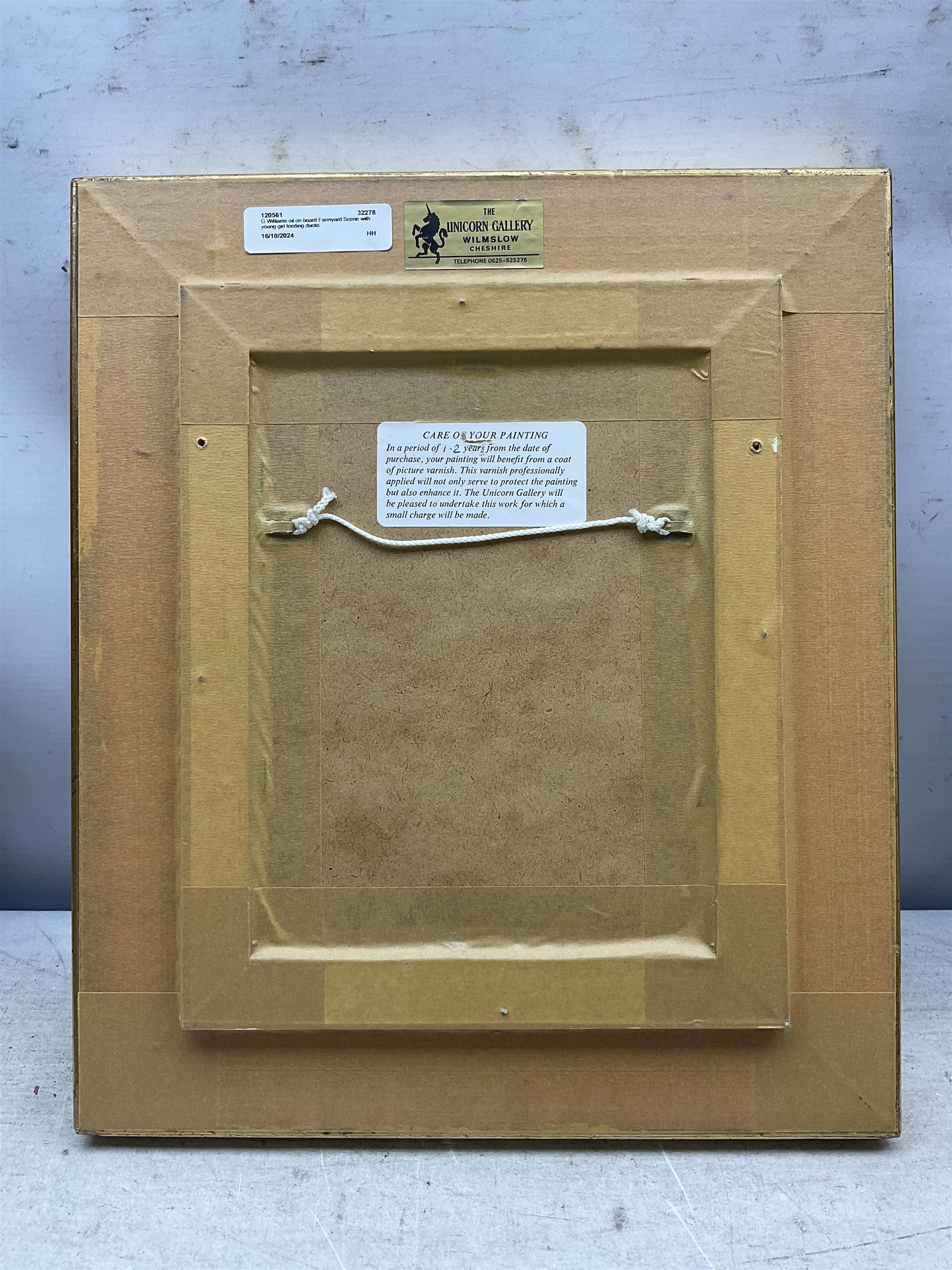 G Williams (British 20th Century): Girl Feeding Geese by a Stable, oil on board signed 20cm x 14cm 