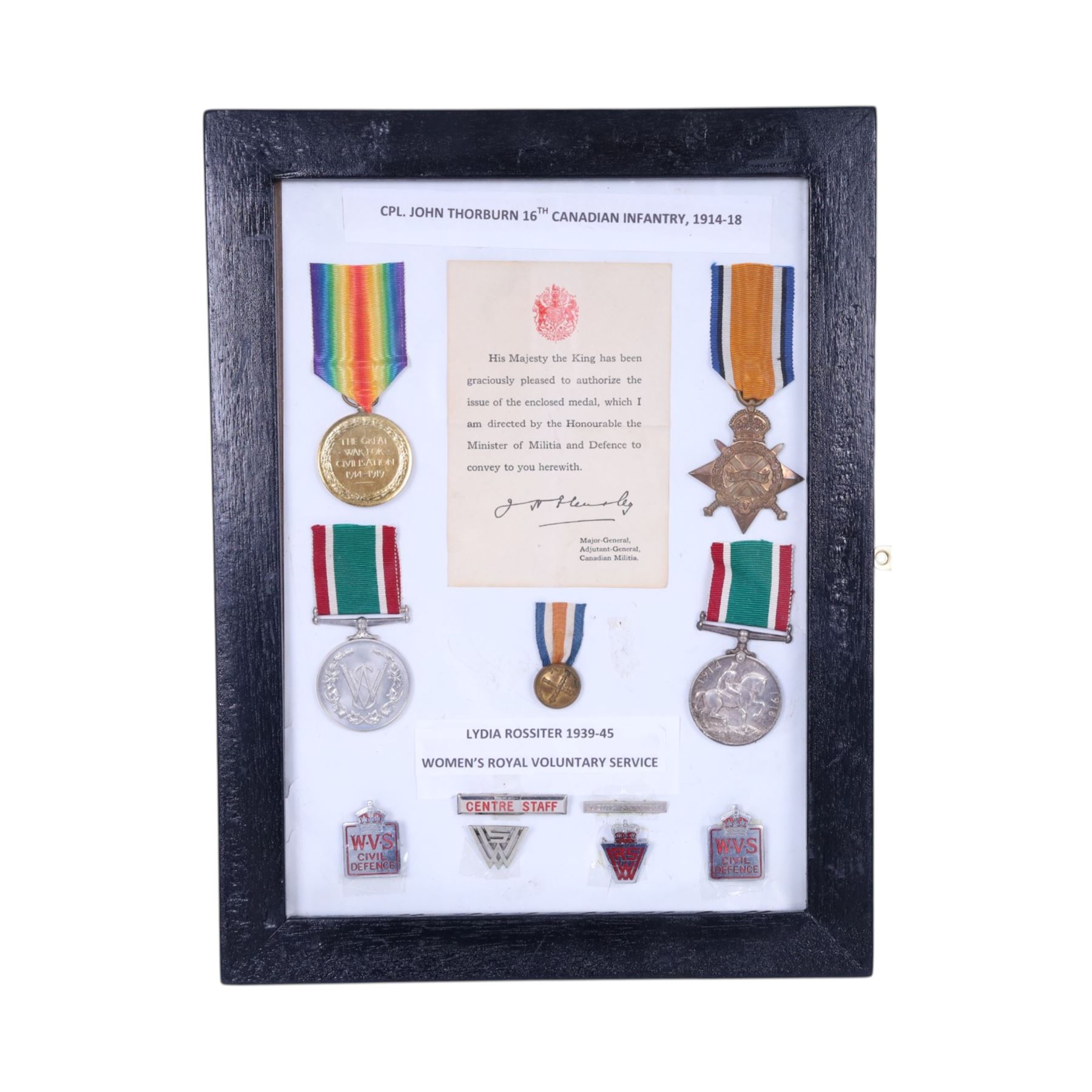WWI framed medals, One framed set, medal duo war and victory medals, awarded to 79250 John Mottershead Royal Flying Corps, with ribbon band and paperwork, the second frame, medal trio 1914-15 star, war and victory medals, awarded to 29274 Cpl John Thorburn 16th Canadian Infantry together with Women's Royal Voluntary Service medal and badges     