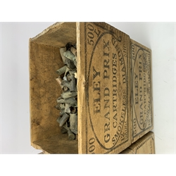 Four vintage Eley cartridge wooden crates each with stencilled decoration 35 x 24 x 23cm; now containing old used metal cartridges and caps etc (4)