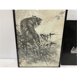 Framed Chinese painted scroll, depicting a tiger in the long grass, together with a black lacquered panel with mother of pearl inlay (2) 