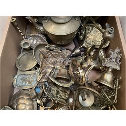 Quantity of brass to include pair of candlesticks, embossed charger, kettles etc in two boxes