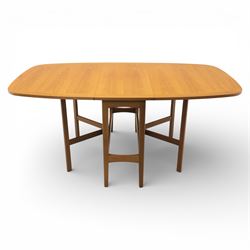 Nathan - teak drop leaf dining table, the rectangular top with rounded corners fitted with twin hinged drop leaves and gate legs, extended to form an oval table 174cm in length, raised on square section supports united by stretchers