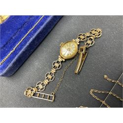 9ct gold cased wristwatch, with 9ct gold strap, 9ct gold stone set ring and silver jewellery including gilt coin pendant necklace and stone set ring