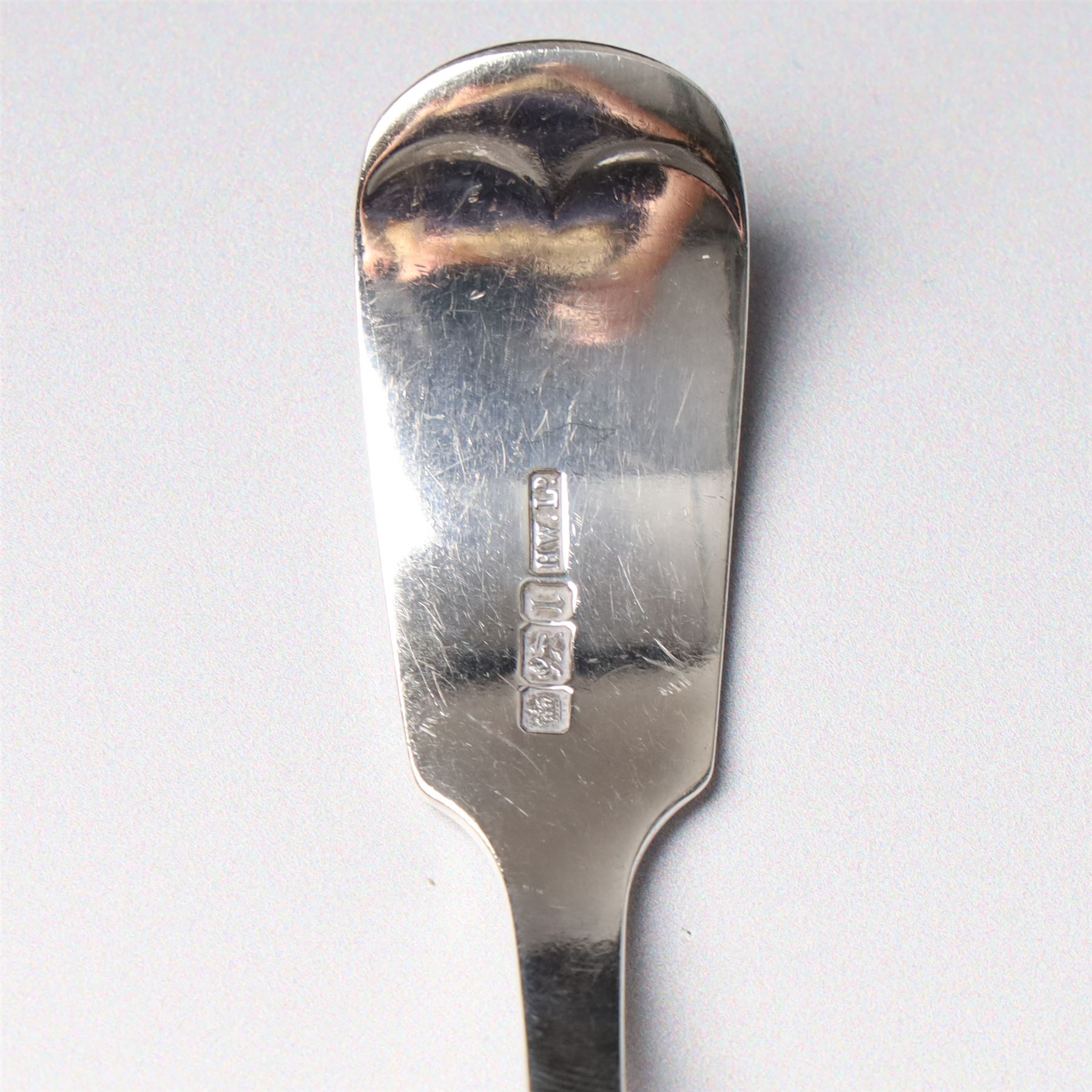 19th century Scottish silver fiddle pattern toddy ladle, Edinburgh 1837 Maker Millidge & Son, another Edinburgh 1835 Maker James McKay, George IV silver sauce ladle with fluted bowl London 1825 Maker Charles Eley and an Edwardian sauce ladle (4)