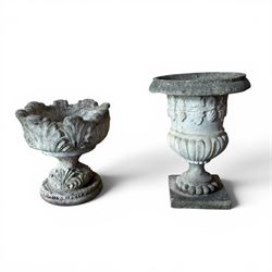Cast stone classic garden urn, raised on squat pedestal and an ornate cast stone urn (2)