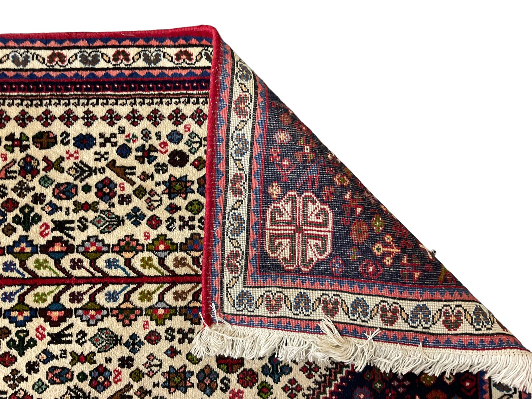 Persian Abadeh indigo ground runner rug, ivory field with pole medallion surrounded by plant and bird motifs and contrasting spandrels, border with interlaced flowerheads