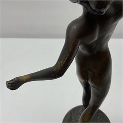 Bronze figure modelled as a nude woman with one arm raised a crescent moon upon her forehead, raised upon a circular stepped plinth, H36cm
