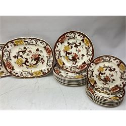 Masons Brown Velvet pattern tea and dinner wears, to include eight dinner plates, eight twin handled soup bowls and saucers, eight tea cups and saucers, cheese cover and plate, jug, meat platter etc (84)  