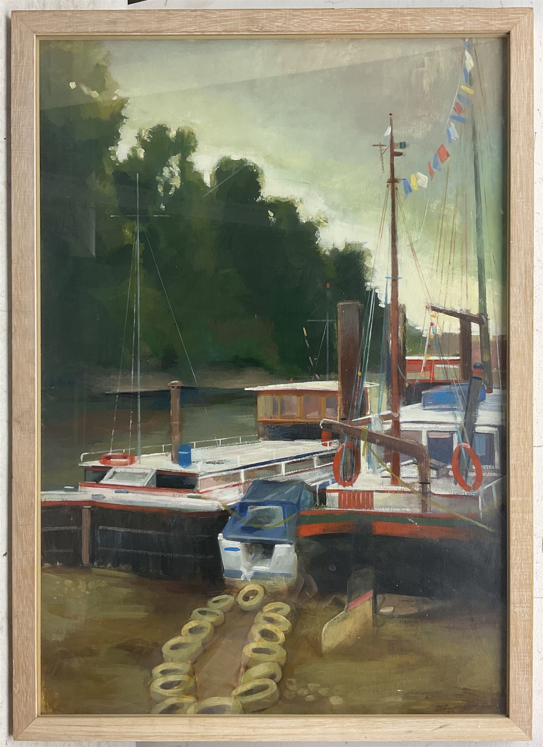 English School (20th century): 'Houseboat Hammersmith' - London, oil indistinctly signed, titled and dated 2002 verso 64cm x 44cm