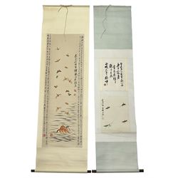 Two 20th century Japanese kakemono, the first example depicting dragonflies, the second decorated with locusts and mantes 