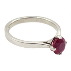 Platinum ruby ring, four claw set with a single oval cut ruby of approx 1.00 carat hallmarked