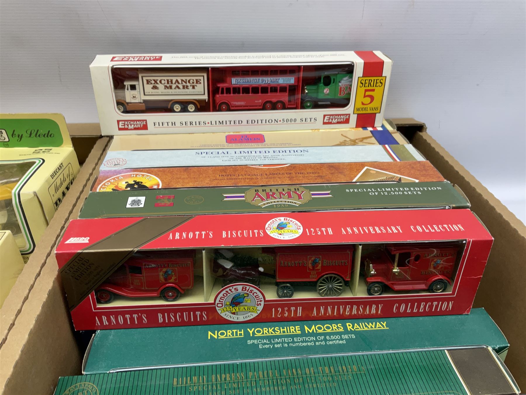 Lledo Railway Express Parcel Van of the 1930's sets, British Army Collection 1939, Exchange & Mart, Days Gone box sets and others in two boxes (37)