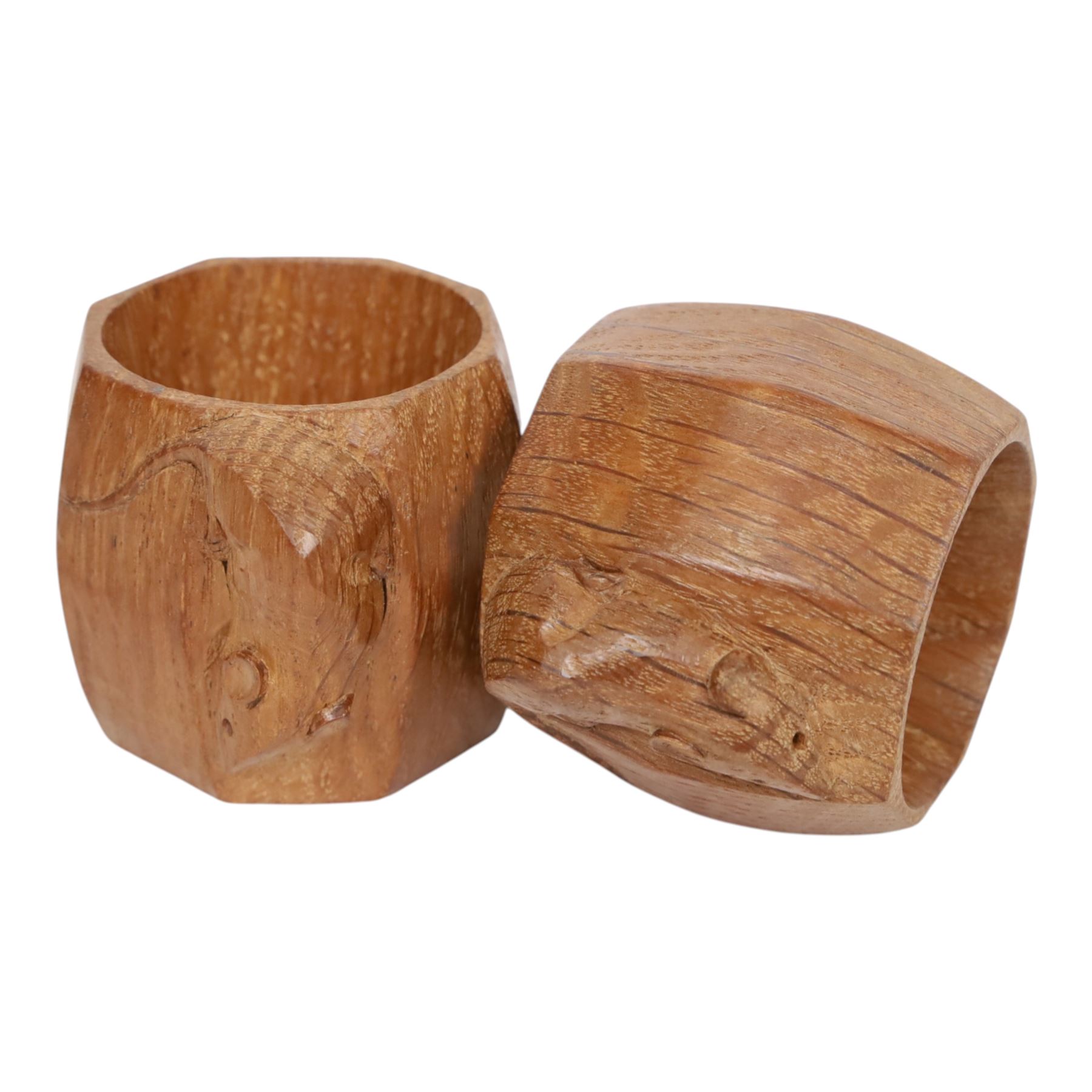 Mouseman - pair of dark oak napkin rings, of bulbous octagonal form with signature mouse carving by Robert Thompson of Kilburn