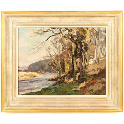Owen Bowen (Staithes Group 1873-1967): Yorkshire River Landscape, oil on canvas signed 34cm x 44cm