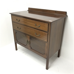 Edwardian mahogany dressing chest, raised mirror back, two short and two long drawers, square supports (106cm, H157cm, D52cm) and matching tallboy chest, shaped raised back, two drawers above two cupboards, square supports (W100cm, H99cm, D54cm)