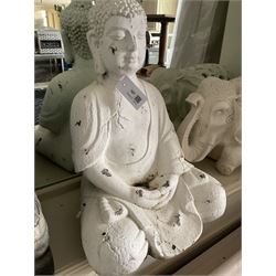 Three cast seated Buddhas and an elephant (4)- LOT SUBJECT TO VAT ON THE HAMMER PRICE - To be collected by appointment from The Ambassador Hotel, 36-38 Esplanade, Scarborough YO11 2AY. ALL GOODS MUST BE REMOVED BY WEDNESDAY 15TH JUNE.