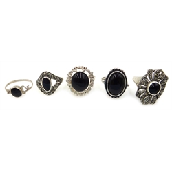  Collection of jet and silver mounted jet jewellery including marcasite and jet earrings and rings, pair of cufflinks, necklaces, bracelets and pendants mostly stamped 925 (30)  