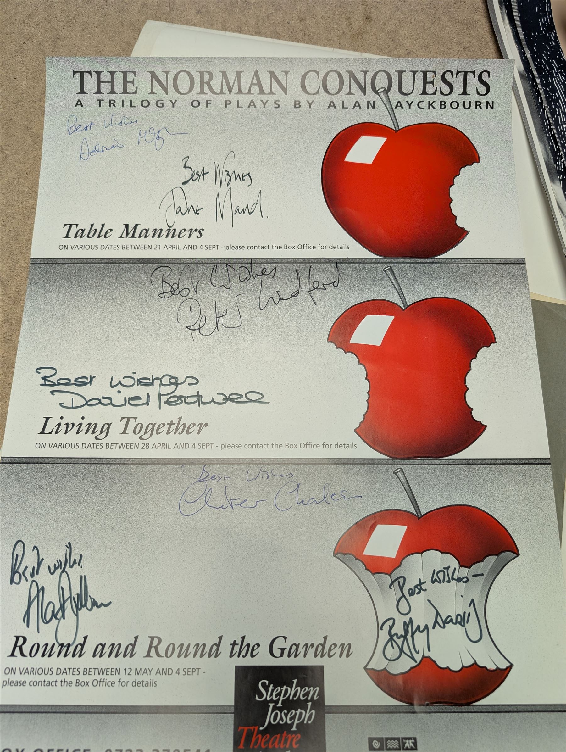 Approximately 50 Stephen Joseph Theatre posters, including several signed examples with signatures of Alan Ayckbourn and cast members, together with theatre programmes and other ephemera