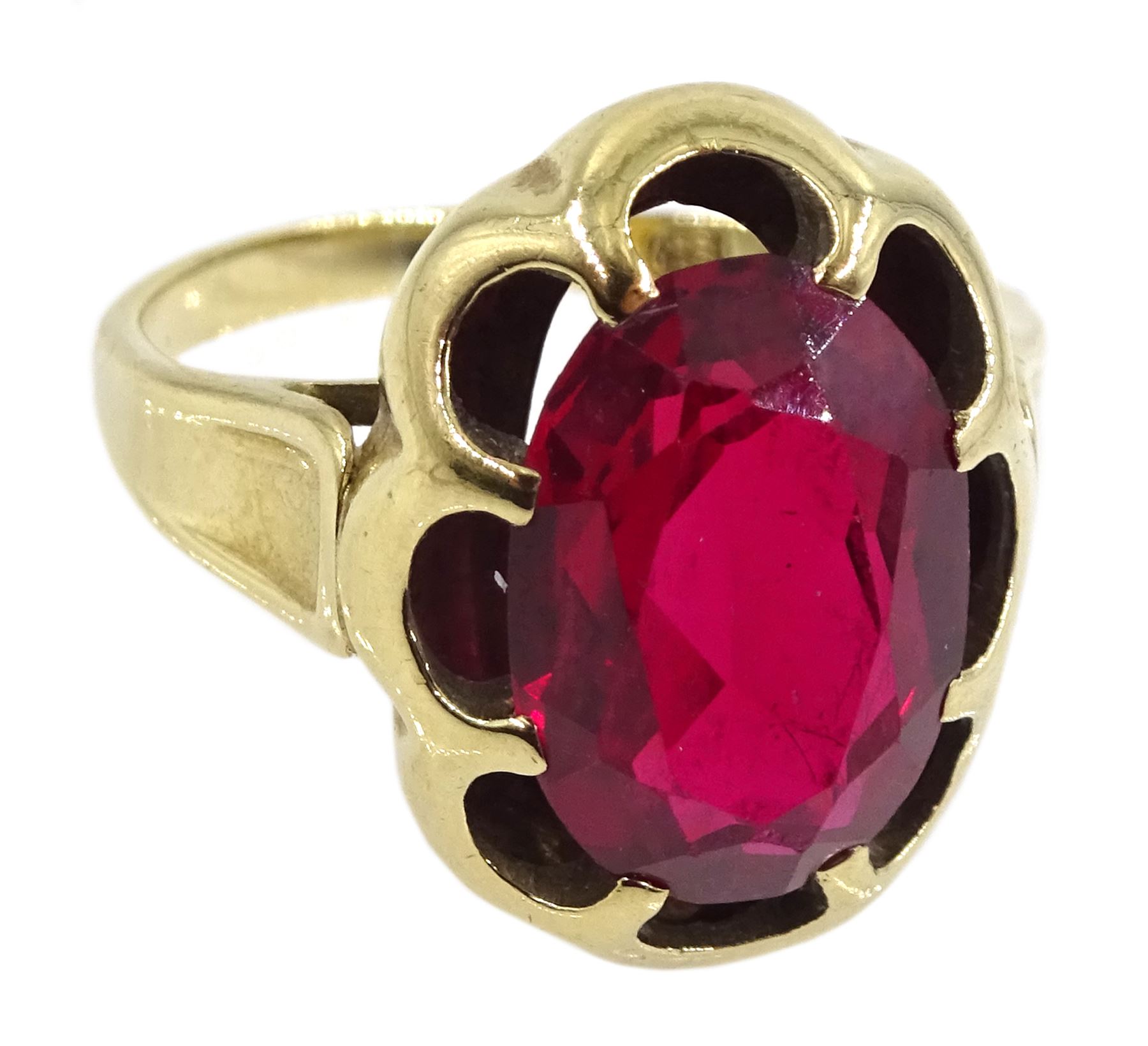 Pearl bead and 9ct gold bar necklace, hallmarked and a 9ct gold red stone set ring