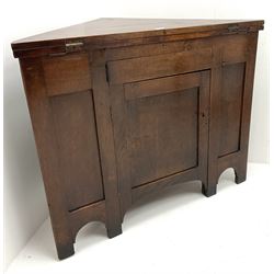 George III oak and mahogany corner campaign desk, single cupboard, folding top enclosing inset leather writing pad
