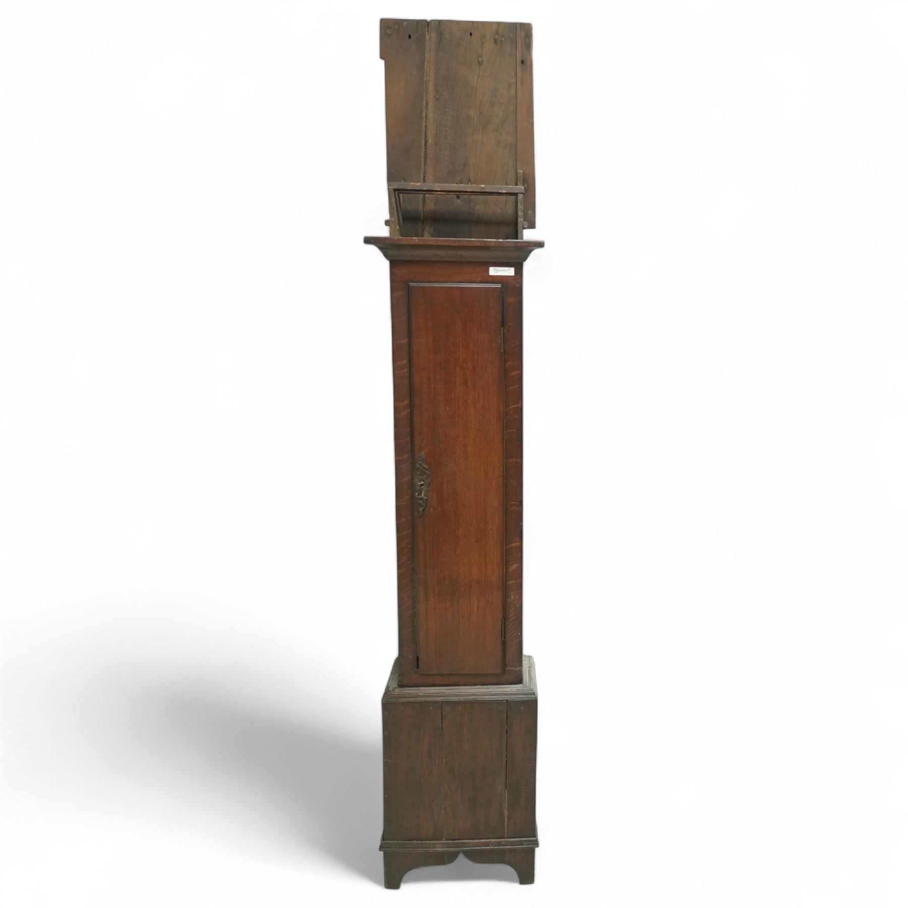 Three empty oak longcase clock cases-for restoration , parts, repair, and two 30hr chain driven movements with 12