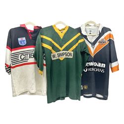 Three Australian Rugby League shirts, to include NRL West Tigers shirt, NSW RL North Sydney Bears shirt and an Australian International rugby shirt, with applied W.Simpson name to front