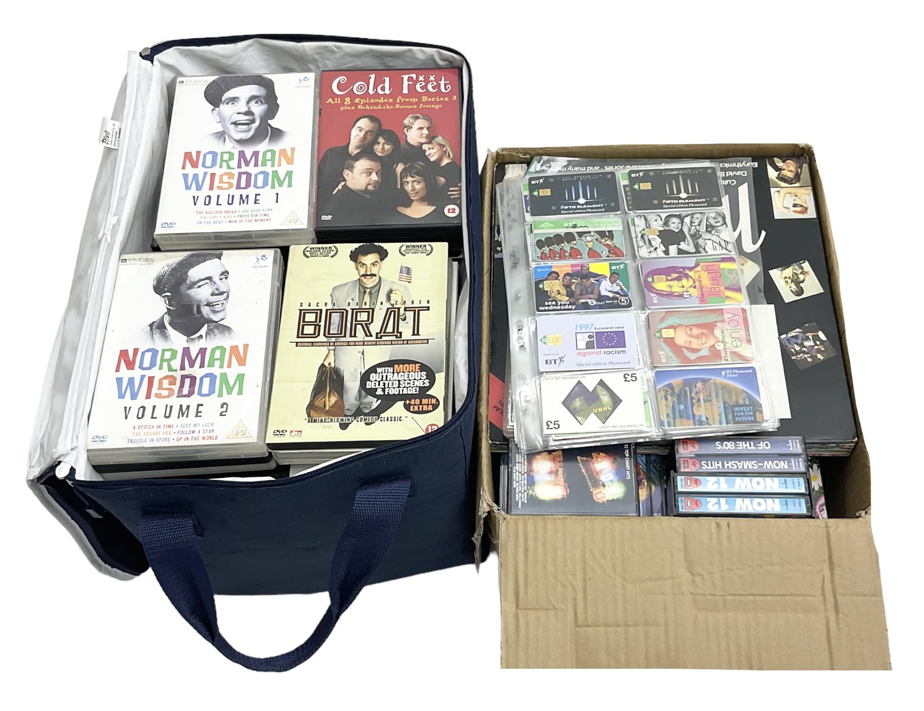 Collection of assorted vintage phonecards to include BT examples and quantity of Now! Thats what i call music vinyls and tapes etc, DVDs etc