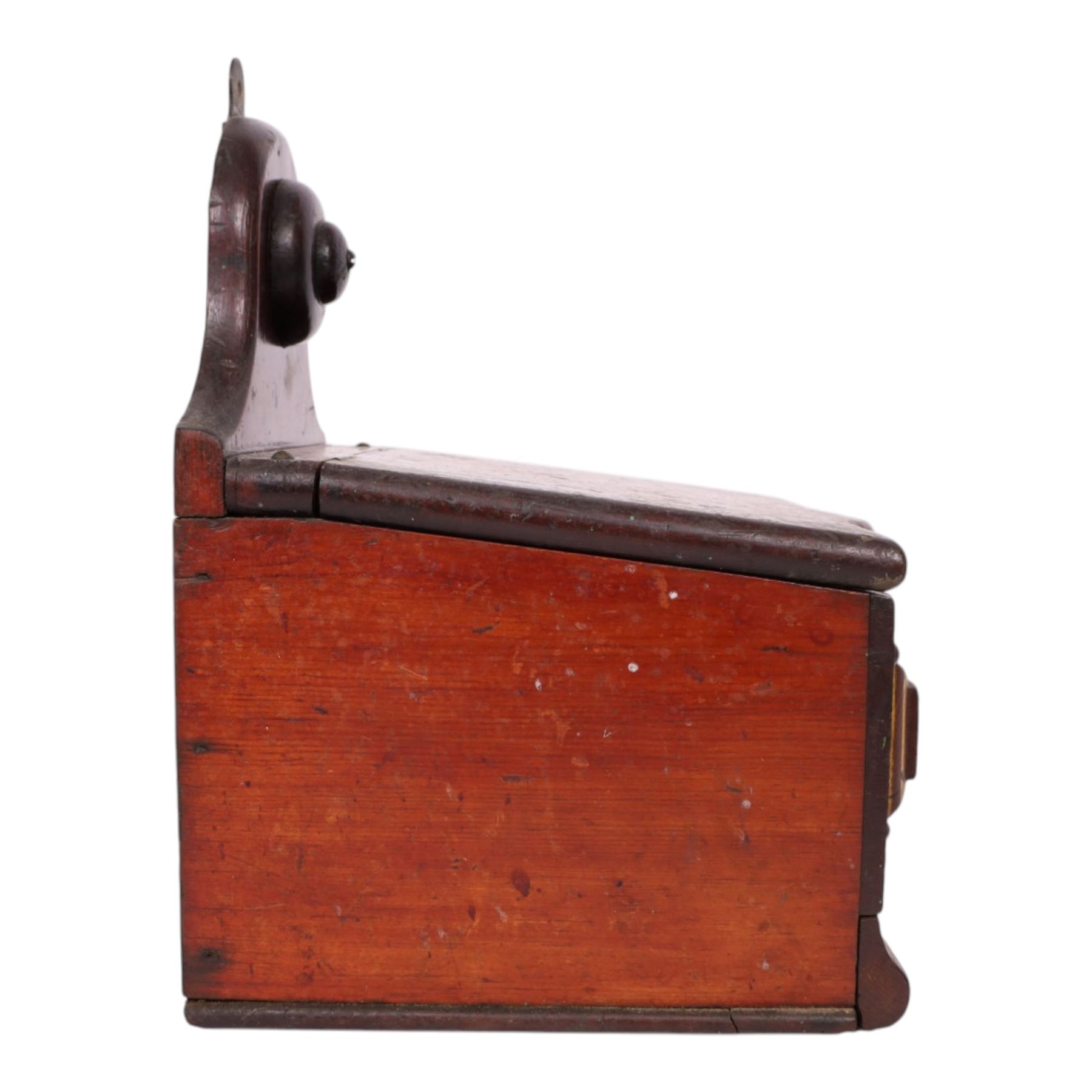 19th century salt box, wall mounted, lift open top, above a single drawer, with ceramic handle, painted plaque to the front, H31cm, D24cm  