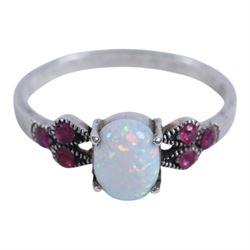 Pair of silver opal stud earrings, pair of silver blue opal stud earrings, pair of silver rose gilt cubic zirconia hoop earrings, silver ruby and opal ring, and silver gilt tourmaline ring