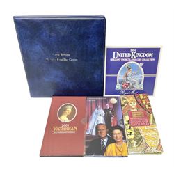 The Royal Mint United Kingdom 1984 brilliant uncirculated coin collection, 1997 and 2001 commemorative crown coins, 1997 old round one pound, all in card folders and four sterling silver medallic first day covers from the 'Great Britons' collection housed in a blue folder