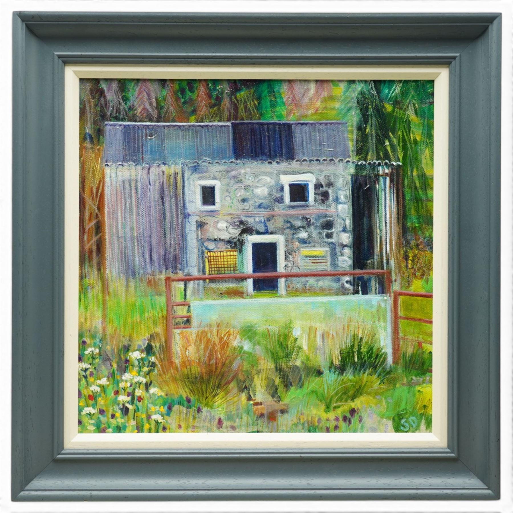 Sue Dewhurst (British Contemporary): 'Barn with Blue Door' 'Blue Metal Barn' 'Haytime' and others, set of five oils on canvas variously signed and titled, max 61cm x 61cm (5)