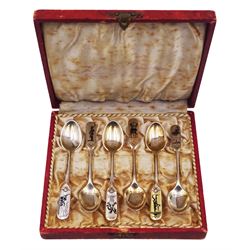 Set of six Danish silver coffee spoons, each with a black enamel depiction of characters created by Hans Christian Andersen, impressed W&S Soerensen Denmark Sterling to underside, in silk lined case, approximate total silver weight 1.86 ozt (57.5 grams)