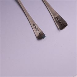 Two George III Old English pattern silver spoons, each engraved with arm and hammer crest to terminal, both hallmarked