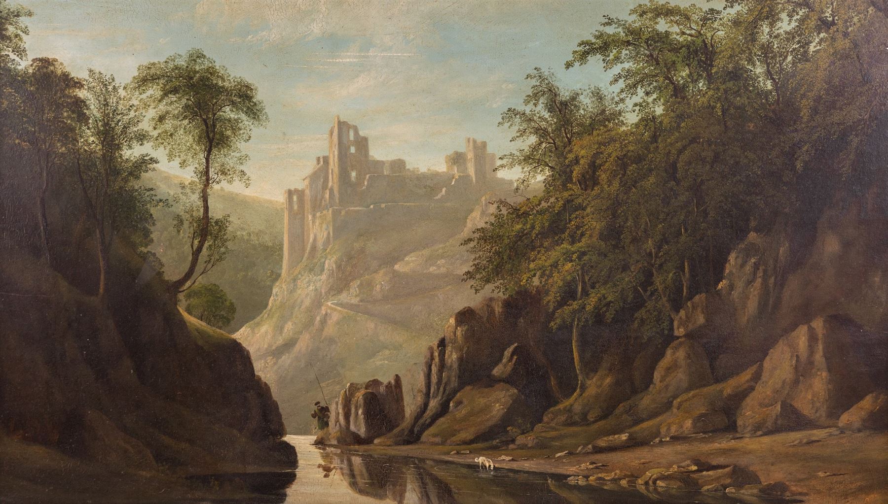 Circle of Francis Danby (Irish 1793-1861): Wooded Valley with Fisherman and Castle, oil on panel unsigned 46cm x 80cm in magnificent swept gilt frame