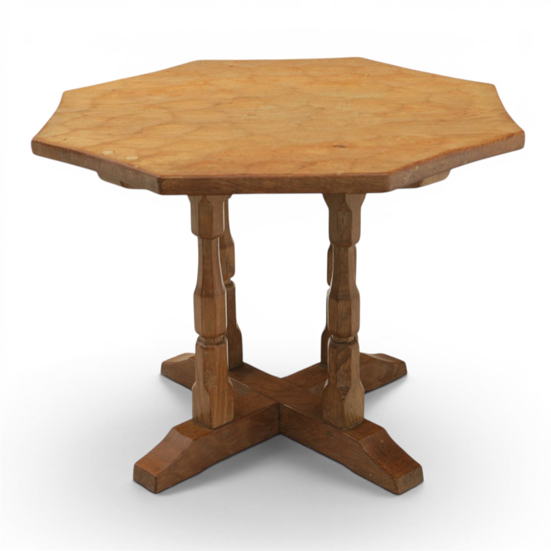 Yorkshire Oak octagonal occasional table, adzed top raised on four chamfered supports