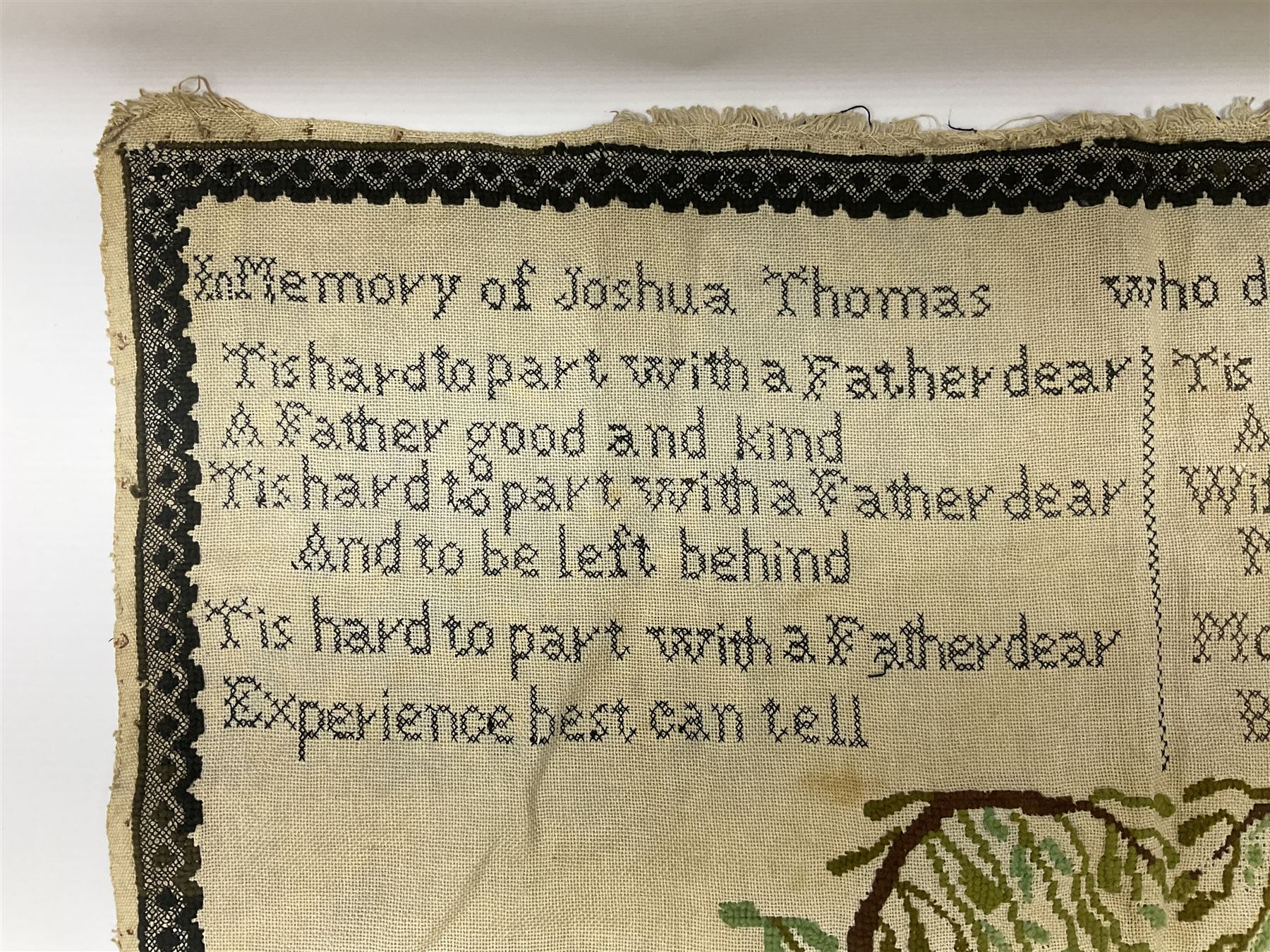 Victorian needlework  picture and verse sampler, 'In memory of Joshua Thomas who died Sep 22nd 1871 age 45', worked by Rebecca Emmott 1872 age 21, H66cm, W61cm 