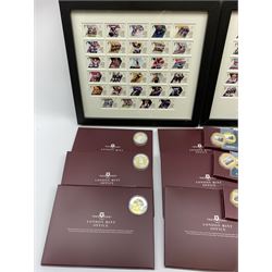 Two framed displays of London 2012 stamps,  'The 2014 Ryder Cup Commemorative Banknote' and various The London Mint Office commemorative coins and empty display folders