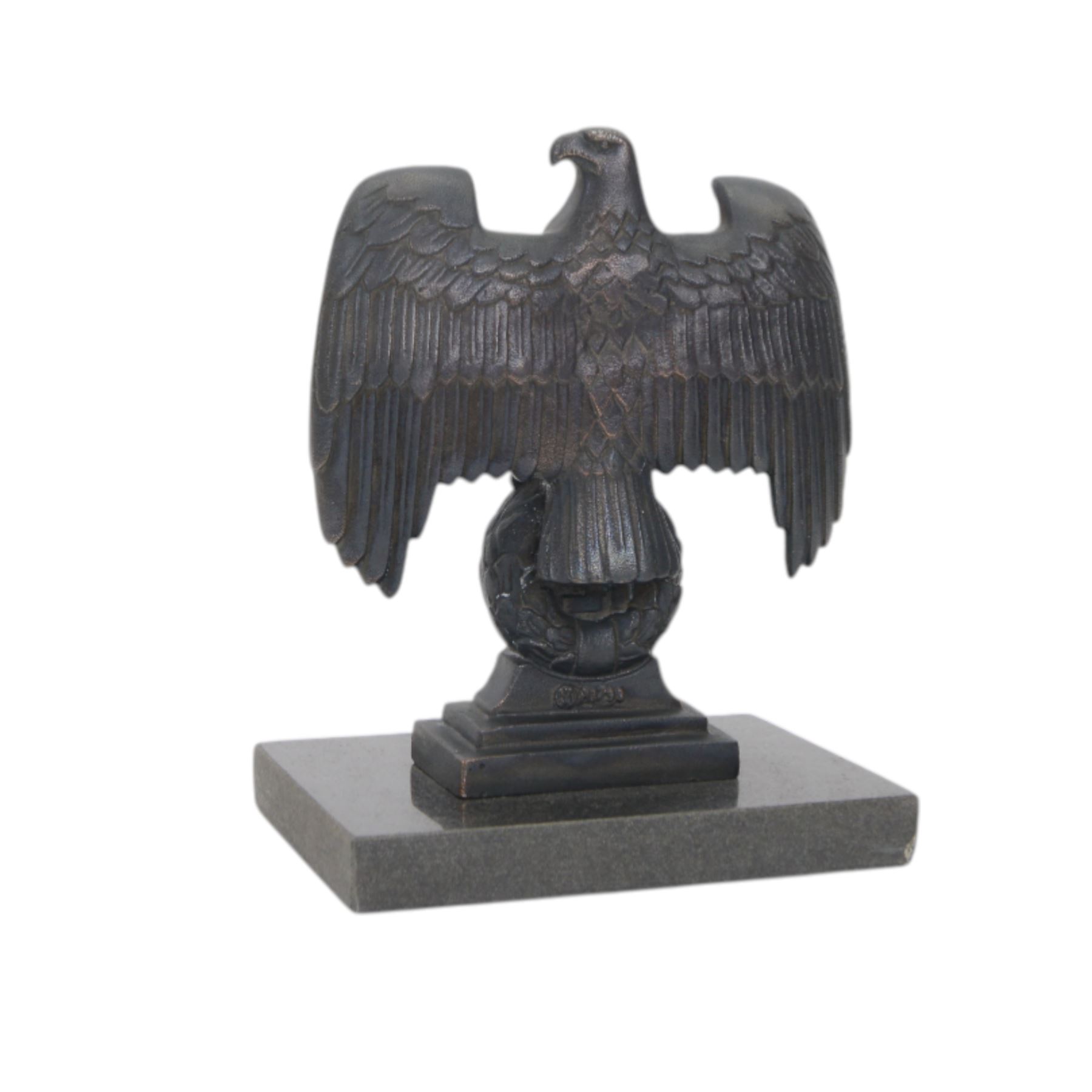 Composite cast bust of Hitler, together Third Reich Nazi German style desk stand depicting the national eagle and swastika on a black stone base, together with two other figures, bust H17cm 
