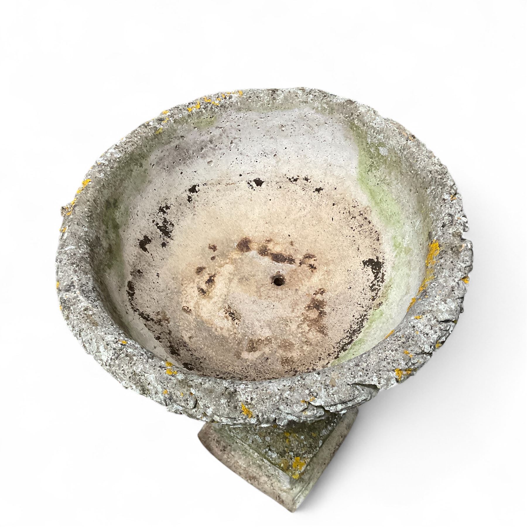 Pair of cast stone ornate garden urns, on plinth bases