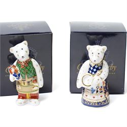 Set of eight Royal Crown Derby teddies, comprising cook, shopping, Daddy and George, Mummy and Charlotte, gardener, school boy, Xmas and Scottish teddy, no stoppers, all boxed (8)