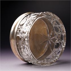 Silver topped glass trinket jar, small circular photograph frame and dessert fork