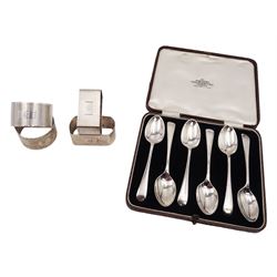 Set of six silver Old English pattern teaspoons, hallmarked Northern Goldsmiths Co, Sheffield 1940, contained within fitted case, together with two pairs of silver napkin rings, with engine turned decoration and engraved initials, all hallmarked 