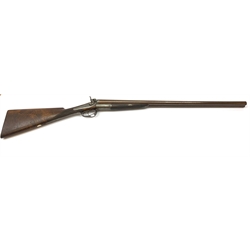 19th century J. Morrell of London 12-bore side-by-side double barrel hammer shotgun with Purdy thumbhole lever opening and back action lock, walnut stock and 76cm damascus barrels, No.1868, L119cm overall SHOTGUN CERTIFICATE REQUIRED