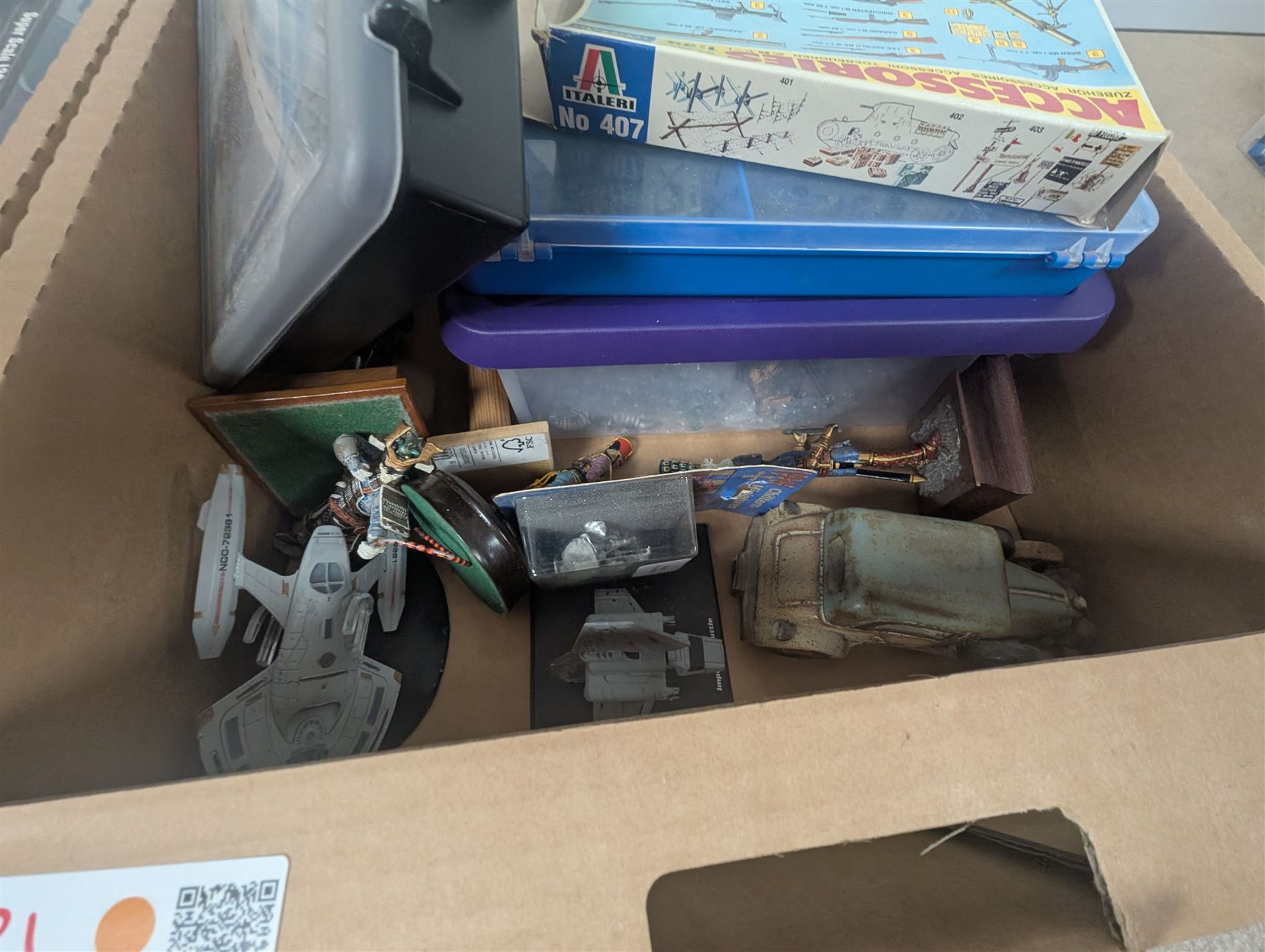 Collection of modelling equipment, kits, accessories, loose lego, including Games Workshop Warhammer 40000, military figures, etc, in four boxes, 