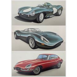 Three limited edition Jaguar prints with certificates, 'Jaguar E-Type' numbered 037, 'Jaguar D-Type' numbered 425, and 'Jaguar XJ13' numbered 425, signed Stirling Moss, Norman Dewis and John Francis and numbered in pencil unframed 47cm x 61cm
