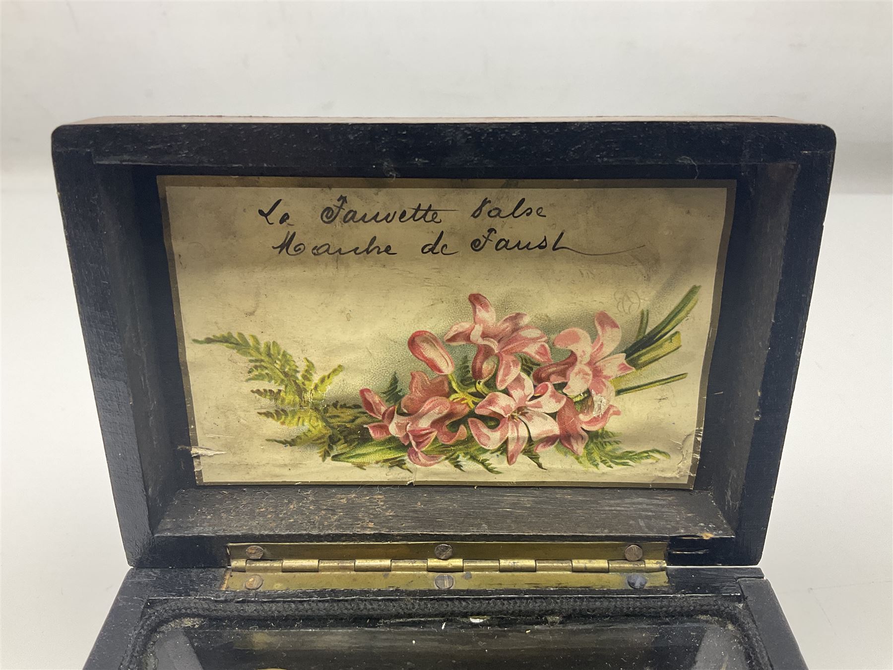 Small late 19th/early 20th century Swiss walnut cased musical box, the overglazed movement with 5cm cylinder and thirty-five tooth comb; the lid with card inscribed 'La Fauvette Salse' and 'Marche de Faust'; under base winding with key; serial no.50443, L12cm