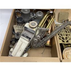 Quantity of metal ware to include brass candlesticks, silver plate, pewter etc in three boxes